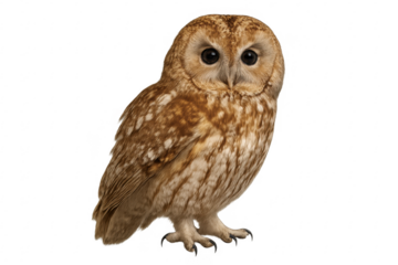Tawny owl looking forward on transparent background