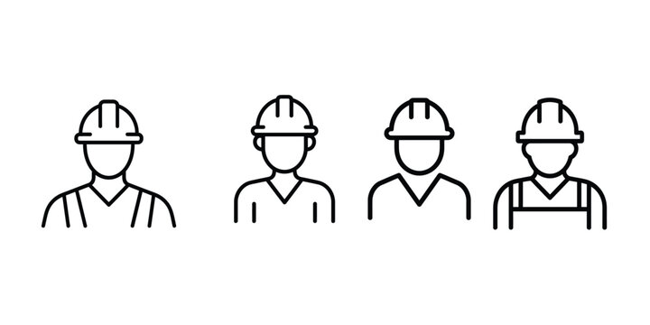 Vector art of construction workers wearing hard hats. Construction line icon 