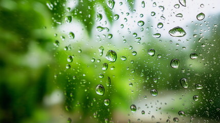 Closeup of raindrops on window against blurred green foliage  