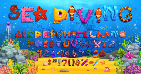 Fototapeta premium Underwater font, cartoon sea animals type, funny ocean characters typeface, English alphabet. Vector playful marine abc featuring ocean creatures and elements forming letters, numbers, and symbols