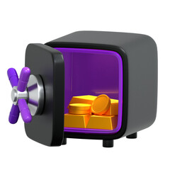 Realistic 3D Open Safe with Gold Bars and Coins Illustration