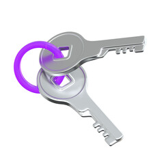 3D Rendering Stacked Metal Keys with Purple Ring Object Security