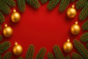 Obraz premium Festive Christmas Frame with Gold Baubles and Fir Branches.