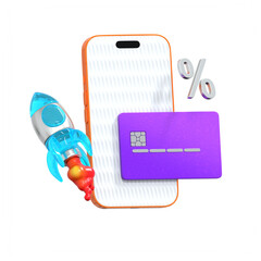 3D Render Shiny Finance Rocket Launch with Card and Phone Percentage