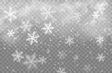 Snowfall overlay realistic snowflakes and glowing particles, Christmas snow background with falling flakes. Realistic winter overlay Xmas backdrop. Vector isolated ice crystals descend from sky