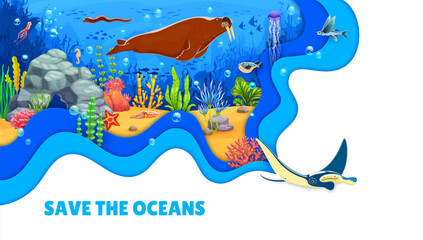 Paper cut underwater landscape with sea animals. Save the ocean banner. 3d vector environmental conservation awareness with corals, cartoon walrus, stingray, fish shoal and eel, jellyfish and squid