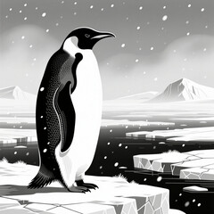 Penguin standing gracefully in a snowy landscape on a frozen shore