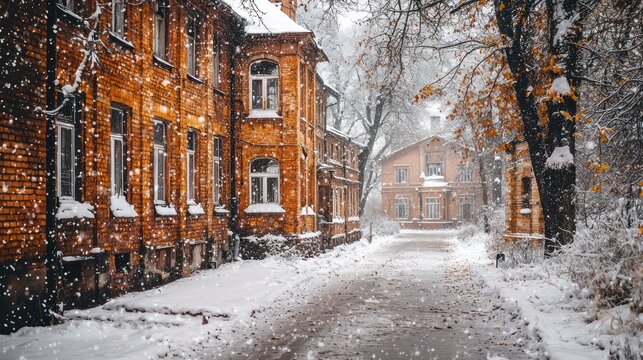 Historic brick buildings line a snowy street, scattered with autumn leaves, as snow falls