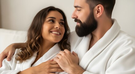 Young romantic couple wearing white bathrobes embracing intimately in a luxury hotel room or spa
