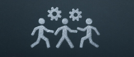 Chalk drawing of three working figures with gears above, symbolizing business teamwork, collaborative process, operational management, and success.