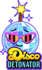 Dynamite and tnt vintage y2k sticker, bomb retro patch label. Vector funky badge with cartoon smiling disco ball character wearing colorful sunglasses, topped with a lit fuse and exudes 70s nostalgia