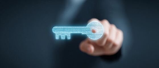 Hand touching a glowing digital key made of binary code, symbolizing cybersecurity, secure access, data encryption, and the key to technology solution.