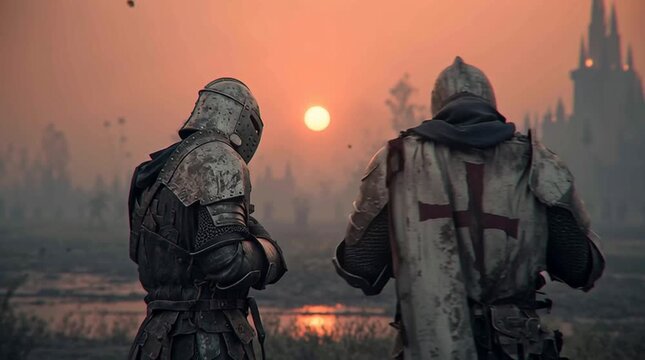 Cinematic shot of two weary medieval knights in battle-worn, muddy plate armor standing on a misty dawn battlefield. They share a quiet moment of camaraderie as pale sunlight pierces the fog. Gritty, 