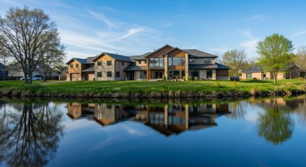 Obraz premium Luxurious home reflected in calm water under blue sky