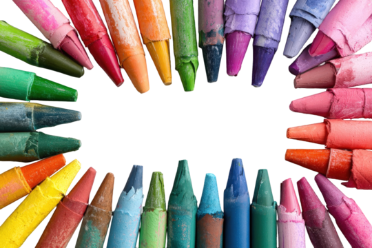 Assorted Colorful Wax Crayons Arranged in a Circular Frame on Transparent Background - Powered by Adobe