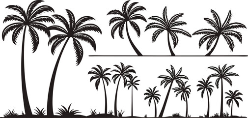 Palm Tree Silhouette Vector Set for Tropical and Summer Designs,Palm tree silhouettes set,black palm tree shapes collection, palm tree icons vector, summer vacation vibes,tree silhouettes set,Ai