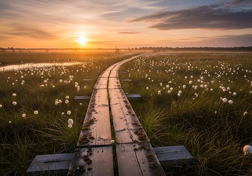 A wooden boardwalk path winding through a bog landscape with white cotton grass flowers at sunset under a colorful sky