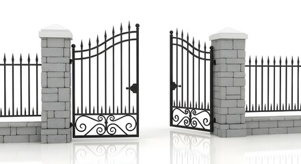 Open black wrought iron ornate driveway gate and fence isolated on white background