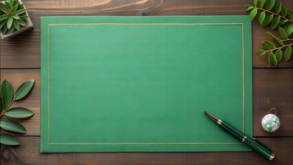 Green Desk Mat with Pen, Plant, and Leaves on Wooden Table Keywords: green desk mat, wooden table, pen, writing