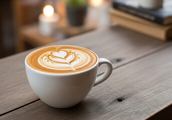 A closeup view of a white cup of coffee with latte art in the shape of a heart on a wooden table