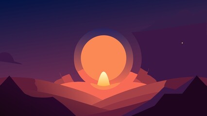Stylized Sunset Over Abstract Desert Landscape with Glowing Orb soft atmospheric
