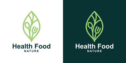 Health Food Logo – Leaf Spoon Fork Organic Restaurant Symbol