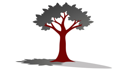 Stylized Red Tree with Gray Leaves and Shadow on a Black Background trunk branches