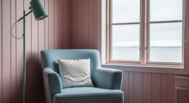 Light blue armchair with white cushion in a pink paneled room by a window overlooking sea - Powered by Adobe