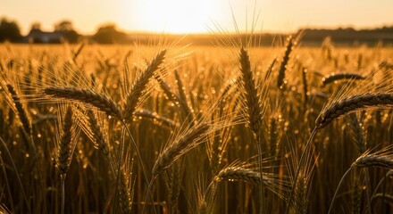 Obraz premium Golden wheat field during sunset, agriculture farmland landscape view