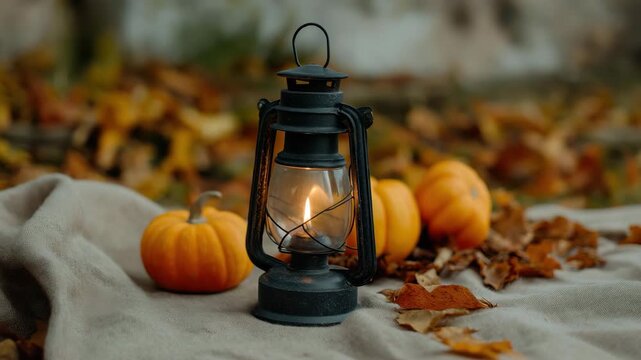 A classic lantern illuminates a cozy autumn scene with pumpkins and fallen leaves, embodying warmth and nostalgia of the fall season in a rustic setting.