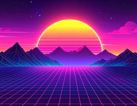 Retro vaporwave background with neon grid and sunset