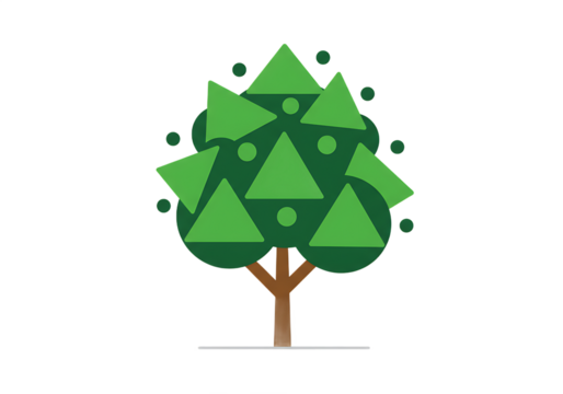 Stylized tree illustration featuring geometric green foliage with a brown trunk on a white background