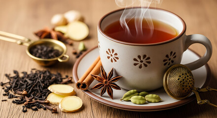 Enjoy a steaming cup of aromatic chai tea with cinnamon, star anise, and ginger for a cozy, comforting moment of relaxation and warmth on a rustic wooden table