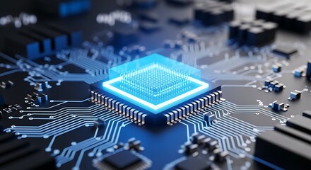 High quality image of abstract visualization of a luminous blue ai processor on a complex circuit board, highlighting digital transformation