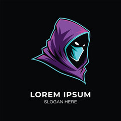 A gaming logo mysterious hooded figure with glowing eyes and mask, dark fantasy character, esports logo, gaming mascot, abstract concept