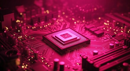High quality image of detailed macro shot of a central processing unit cpu on a vibrant pink illuminated motherboard, highlighting intricate circuitry and components