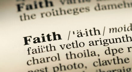 Obraz premium Macro shot of a dictionary page, spotlighting the bold word 'Faith' and its meaning