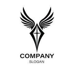 Spiritual or religious logos winged emblem with cross and company slogan