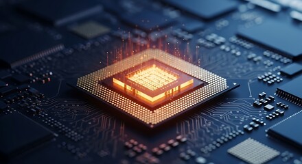 High quality image of a glowing orange central processing unit cpu on a dark blue circuit board, signifying powerful computing and advanced technology