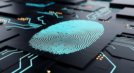High quality image of closeup of a glowing blue fingerprint scan on a dark, intricate circuit board, representing digital identity and biometric security