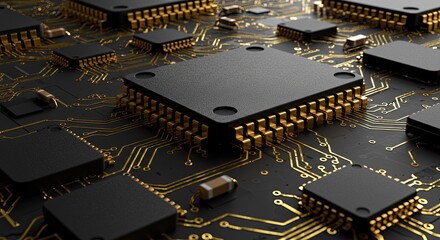 Advanced microchip processors and intricate gold circuitry on a sleek dark motherboard creating a futuristic digital technology concept for innovation and data processing.