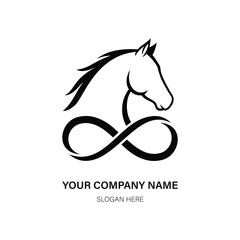 Infinity symbols horse logo elegant horse head silhouette forming an infinity symbol, , with placeholder text for company name and tagline