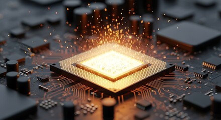 High quality image of closeup of a glowing computer processor on a circuit board with sparks flying, symbolizing innovation and advanced technology