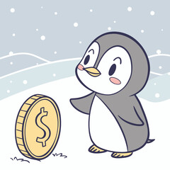 Vector art of a playful illustration of an elephant standing proudly next to a large gold coin with a dollar sign, symbolizing wealth and prosperity, set against a neutral backdrop