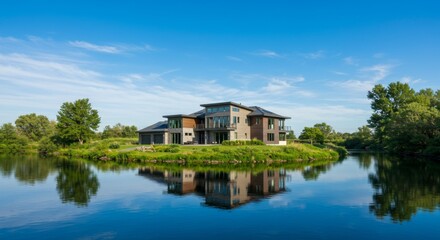 Obraz premium Modern home on island surrounded by calm blue water