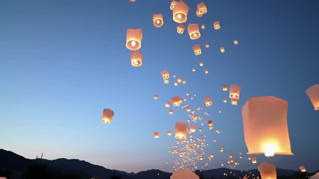 Floating lanterns at dusk celebration of light and hope against a dark sky