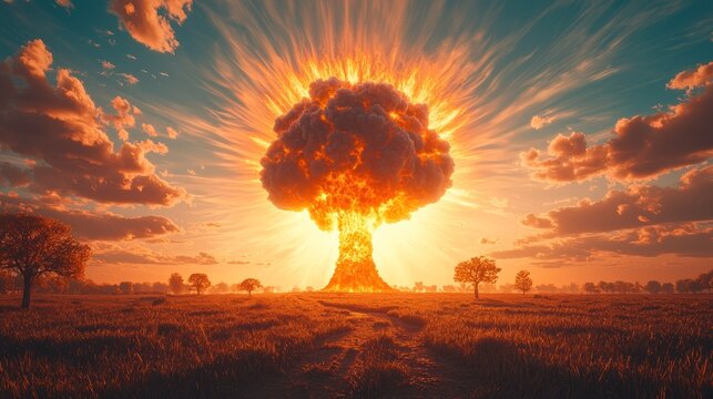 Massive fiery mushroom cloud explosion dominates a golden field under a dramatic sky - Powered by Adobe