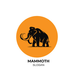 Minimalist graphic wild mammoth logo silhouette of a mammoth with tusks inside a circle, with the word mammoth and slogan below