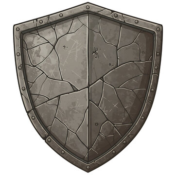 A weathered stone shield with cracks and rivets, symbolizing strength and protection in a medieval setting