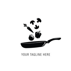 Minimalist restaurant logo black and white illustration of vegetables like carrots, mushrooms, tomatoes, and bell peppers flying out of a frying pan
